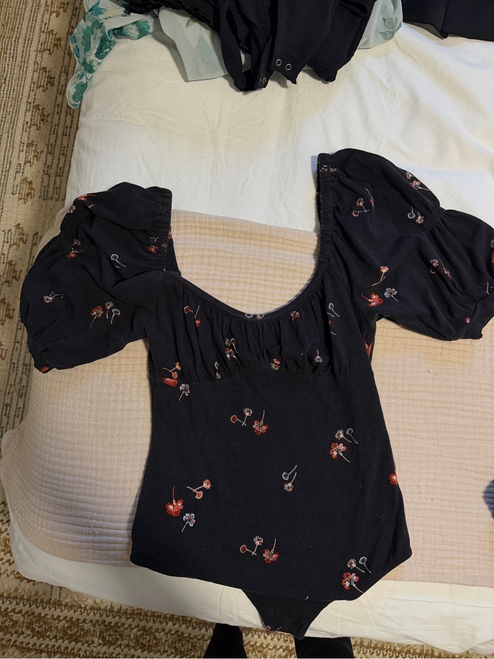 Free people Floral Puff-Sleeve Square Neck Bodysuit
